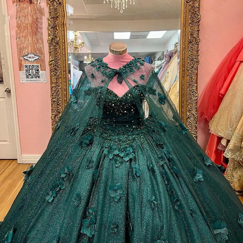 ANGELSBRIDEP Emerald Green Shiny Quinceanera Dress 2024 With Cape Ball Gown Sleeveless 3D Flowers Corset Vestido De 15 Anos