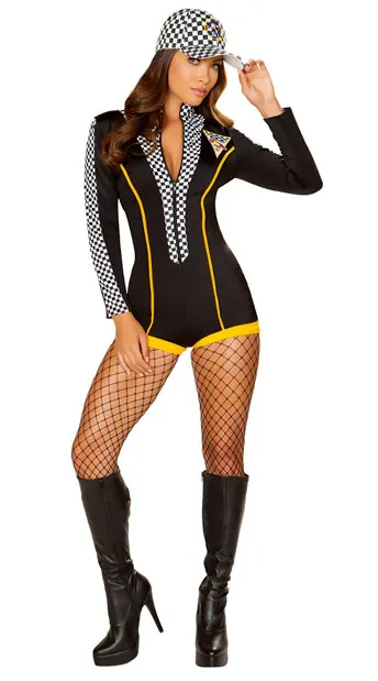 F1919 Sexy Racer Girl Check Print manica lunga tuta elastica Costume Cosplay con berretto