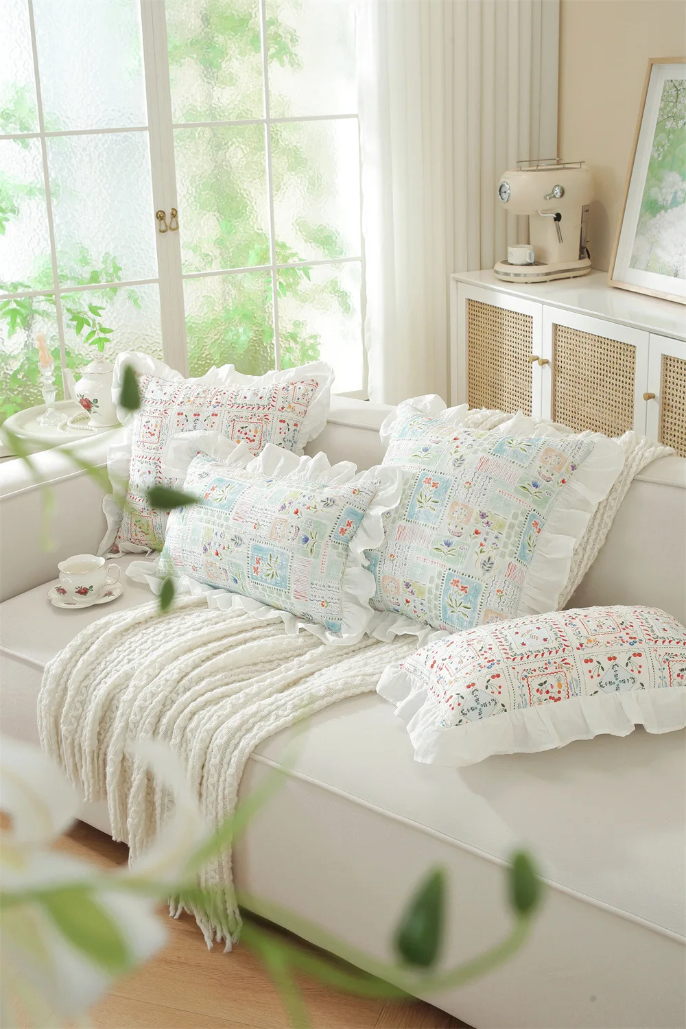 Französische Baumwoll-Kissenhülle, Rüschen-Design, bedruckt, Dekoration, Sofa-Kissenbezug, Kopfteil-Kissenbezüge, 30x50/45x45cm – Detail 13