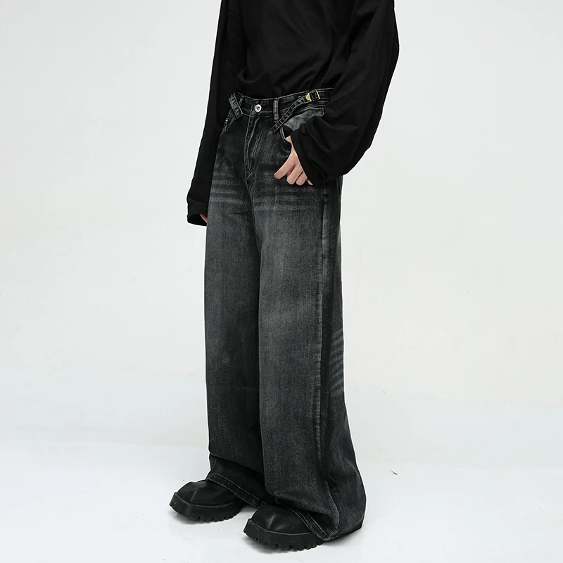 

WTHT Fashion Men's Gradient Pleated Do Old Design Denim Pants Vintage High-waisted Wide Leg Loose Jeans Male 2025 Summer 2A0957