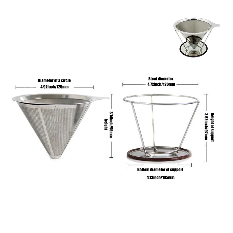 Cone Coffee Filter With Stand Stainless Steel Double-deck Filters Ccreen Reusable Pour Over Coffees Maker Dripper Funnel