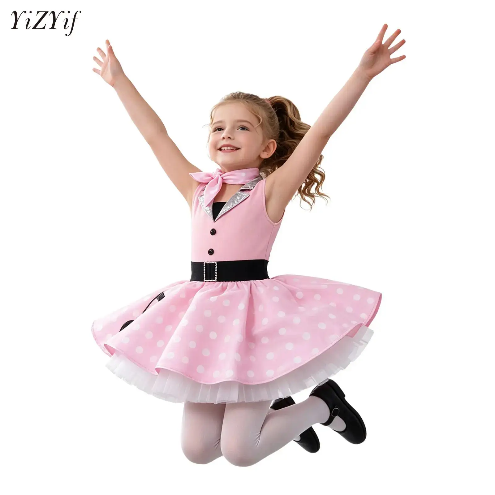 Girls Jazz Latin Ballet Dance Dress Polka Dots Print Mesh Sleeveless Tutu Dress Birthdays Party Wedding Flower Girl Dresses