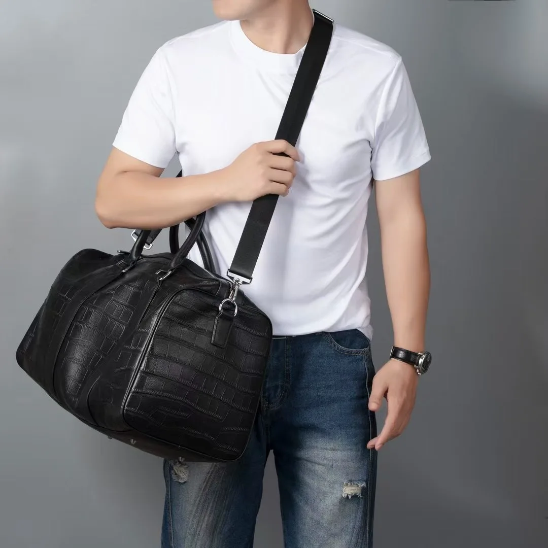 Authentic Croc-Embossed Leather Duffel Bag, Men's Spacious Carryall Weekender with Tear-Resistant Base, 3-in-1 Gym/Travel Tote