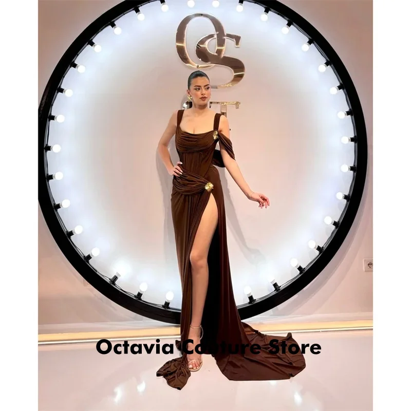 

Customized Elegant Mermaid Square Collar Prom Dresses Draped Sleeveless vestidos de noche Side High Split Formal Evening