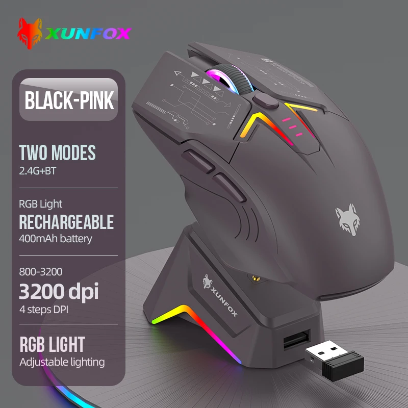 H2 Mouse, Lightweight S205, Three-Mode Wireless Bluetooth Mouse for Gaming, Charging, RGB Lighting, Suitable for