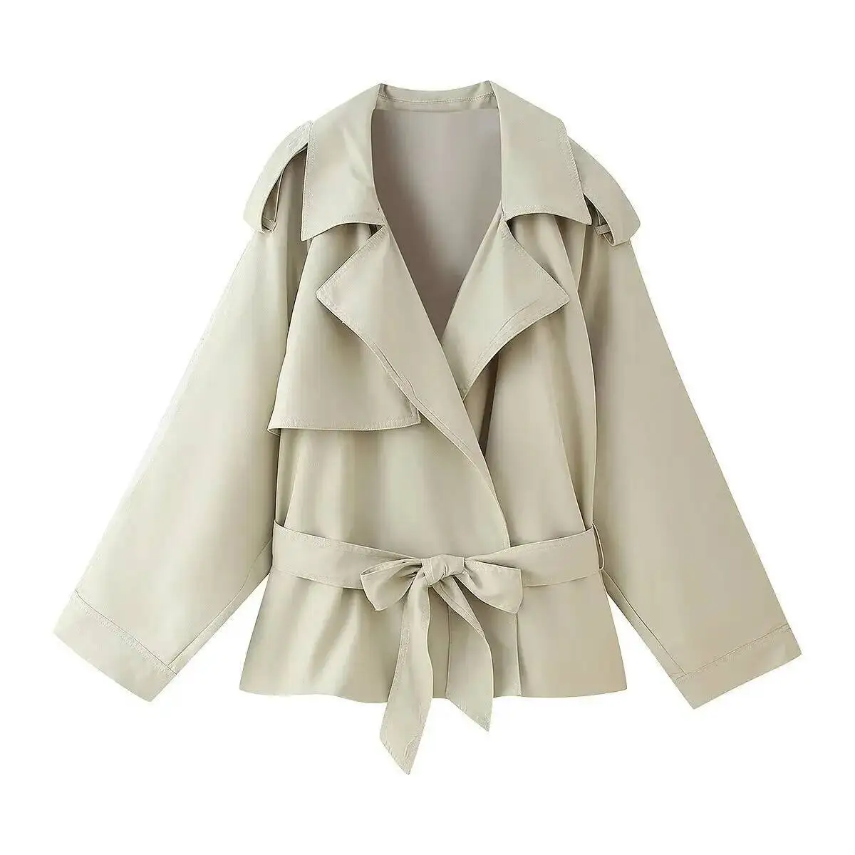 

Осенний женский укороченный плащ на шнуровке с абрикосовыми лацканами и длинными рукавами, свободные толстые куртки 2025 года, модная женская уличная верхняя одежда