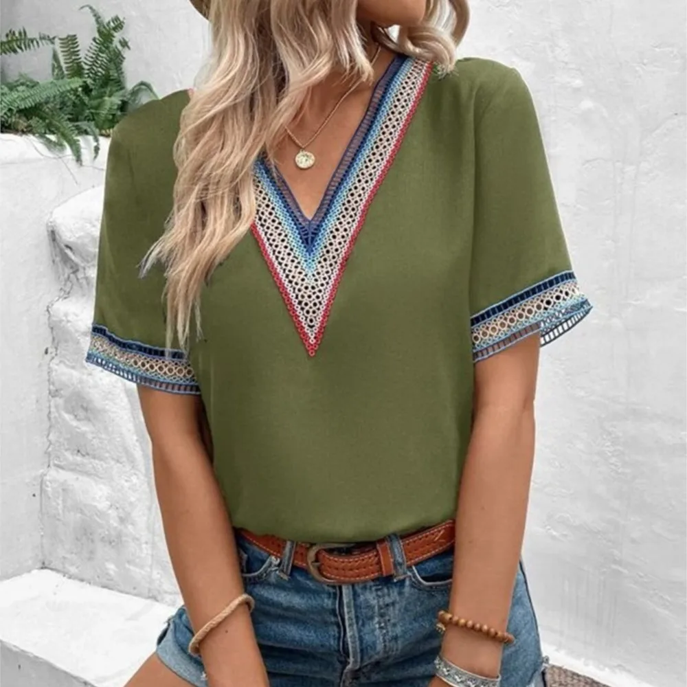 Elegant Damesshirt Zomer Nieuw Kant Patchwork V-hals Casual Effen Kleur Shirt Casual Effen Kleur Trui Blouse Y2K Top Femme