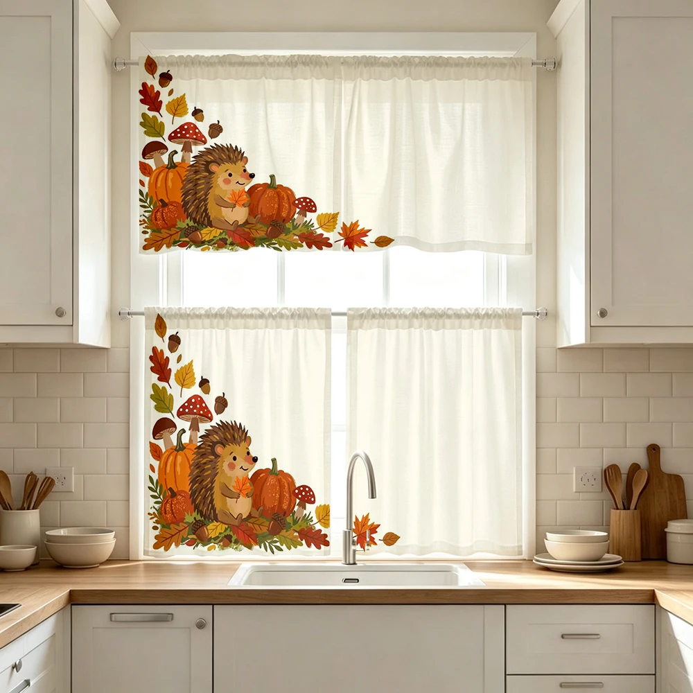 Thanksgiving Fall Kitchen Curtains, Hedgehog Pumpkin, Digital Print, Kitchen Dining Room, Rod Pocket Polyester, Home Decor