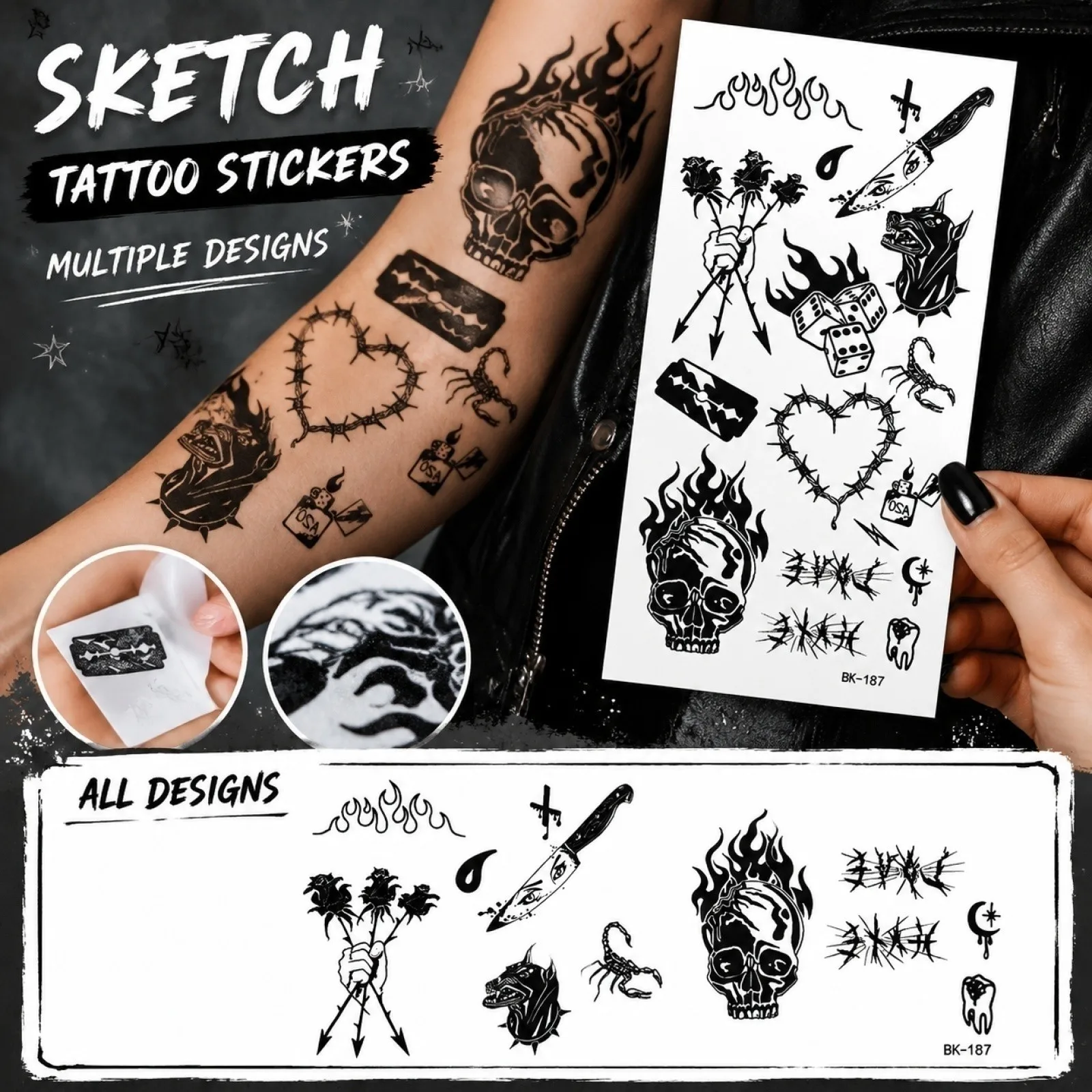 Ghoic Style Temporary Tattoos for Women and Men Sketch Skull Flower Design Body Decals Realistic Halloween Cosplay Fake Stickers