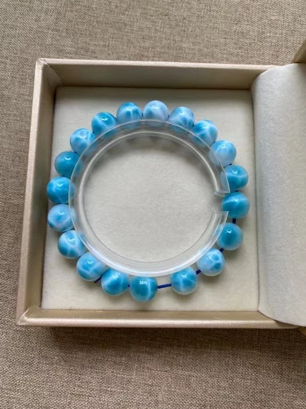 Natural Blue Larimar Gems Round Beads Bracelet 9.9mm Jewelry Women Men Pattern Big Size Round Beads Larimar Jewelry AAAAAA