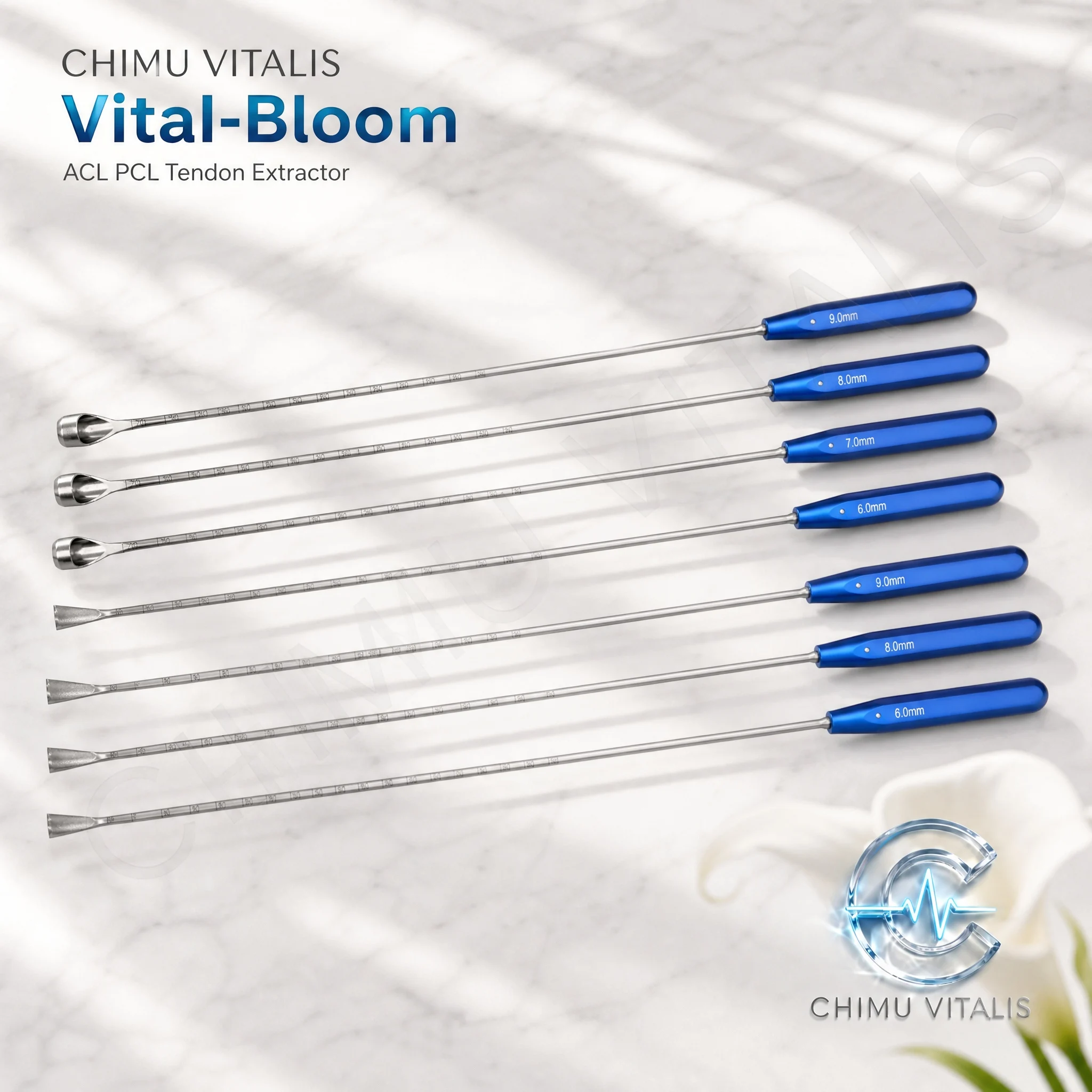 【CHIMU VITALIS】Tendon Extractor, 6/7/8/9mm Open and Closed Tip Options, Aluminum Handle