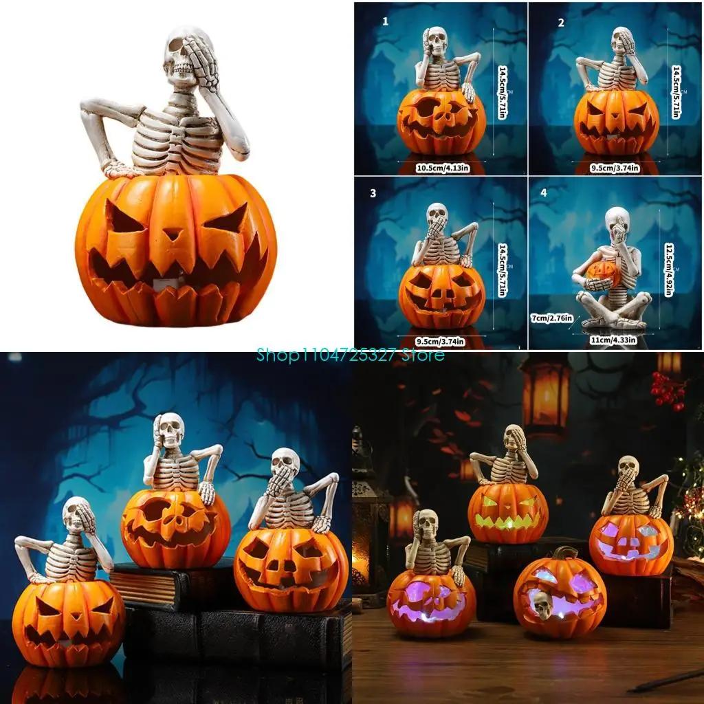 D8KF Halloween Pumpkin Skull Lamp Figurine Stylish Decorative Light for Indoor and Outdoor Resin Festives Decoration