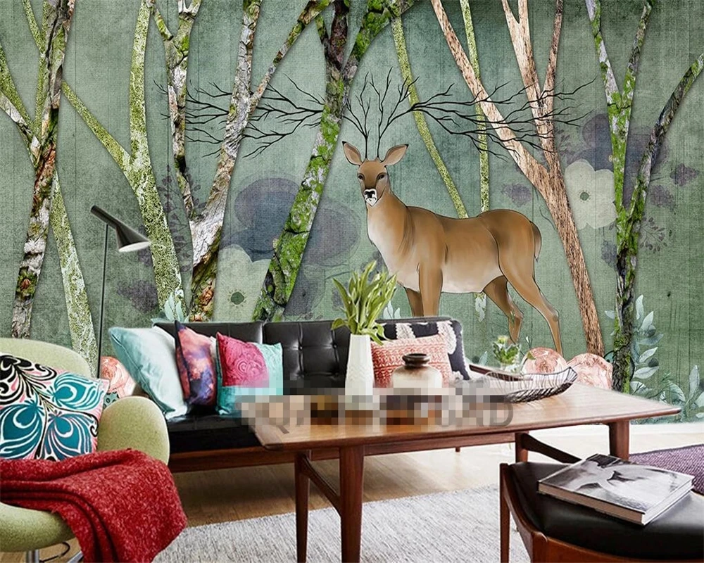 Customized wallpaper european forest elk retro style 3D photo mural bedroom Living room TV background wall restaurant Green Tree