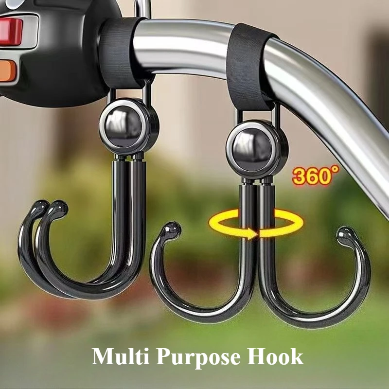 Magic Hook Strap-360° Rotating Dual Hooks for Baby Stroller/Motorcycle, Heavy Duty Reusable Adhesive Hanger (Multi-scenario Use)