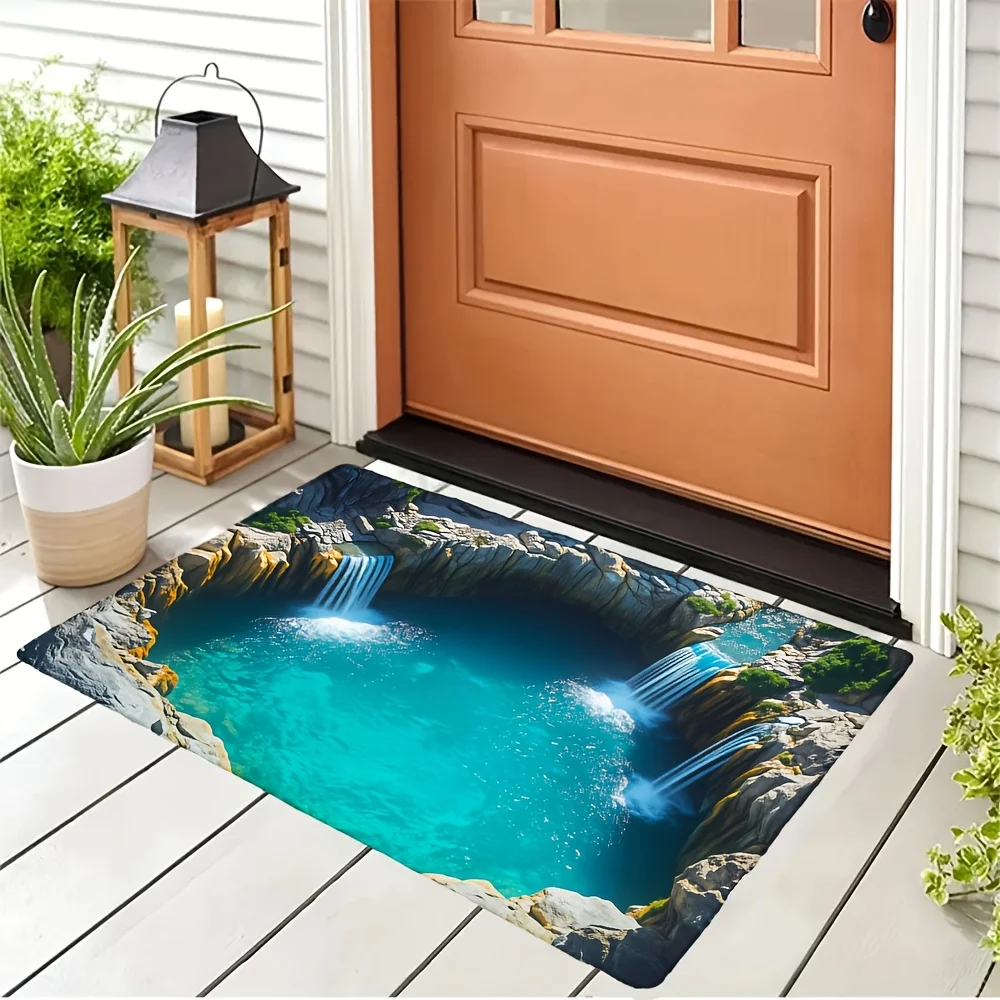 2D Flat Waterfall Pool Cliff Edge 3D Illusion Flannel Door Mat Non Slip Nature Scenery Rug For Entryway Bathroom Floor