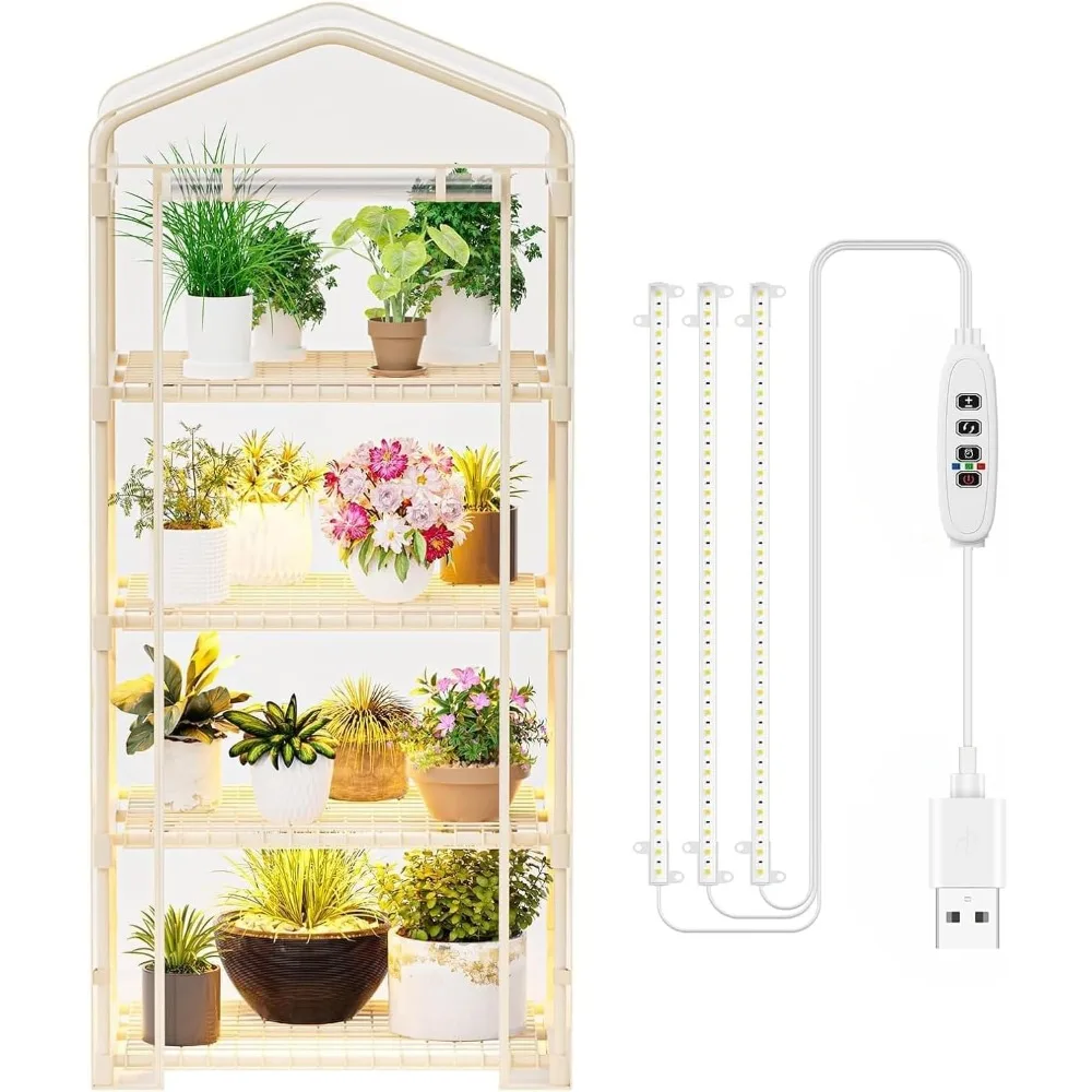 

Indoor Greenhouse with Grow Lights - 4 Tiers 27.6L×19.3W×61.4H Outdoor Mini Green House with Zip PVC Cover and Dimmable