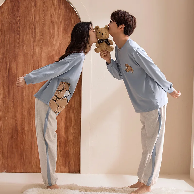 

100% Cotton High Quality Couples Sleepwear Autumn Spring Long Pajamas Set Men and Women Matching Cartoon Loungewear Freeship