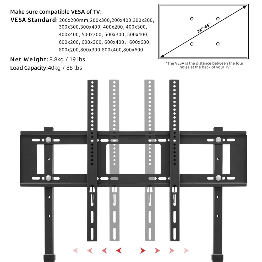 Unho No Drill Mobile TV Stand, Height Adjustable Floor TV Cart for 32-85 Inch LED LCD Screens, Studless & Easy Installation