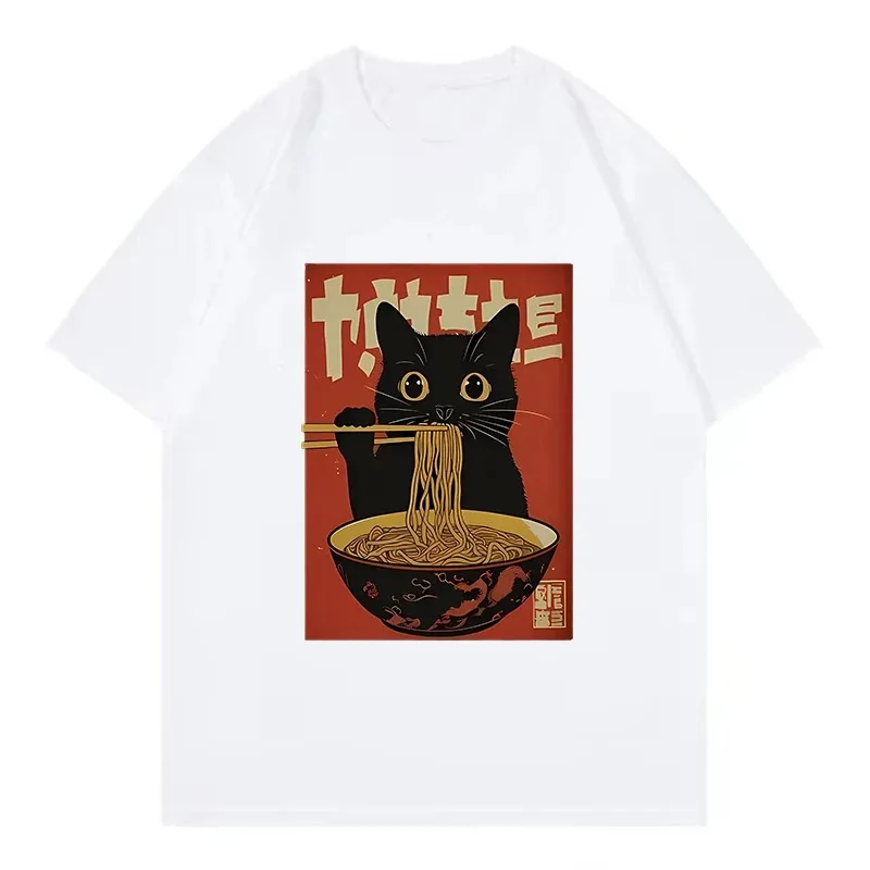Women's Funny Ramen Cat Printed T-Shirt Summer Loose Short Sleeve Tops Fashion Animal Graphic Tees Casual O-Neck Clothing