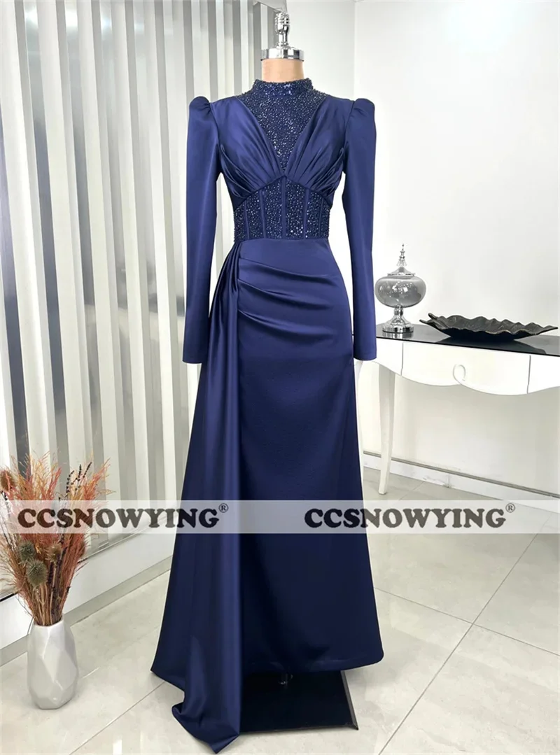 

Satin Sequin Beaded Muslim Evening Dresses Long Sleeve Islamic Formal Party Gown Hijab Women Arabic Kafatn Robe De Soiree