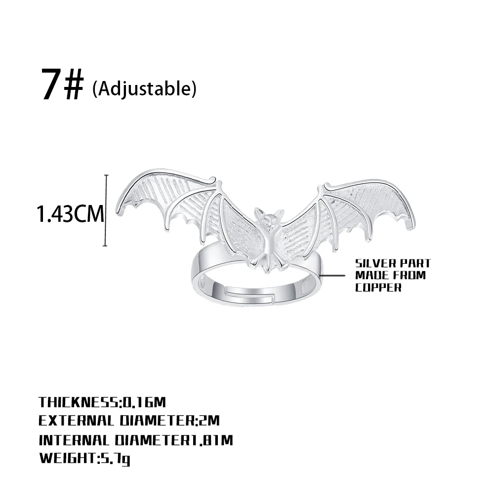 Gothic Bat Wing Adjustable Ring Punk Vampire Finger Ring Dark Romantic Goth Jewelry Halloween Gift for Men & Women
