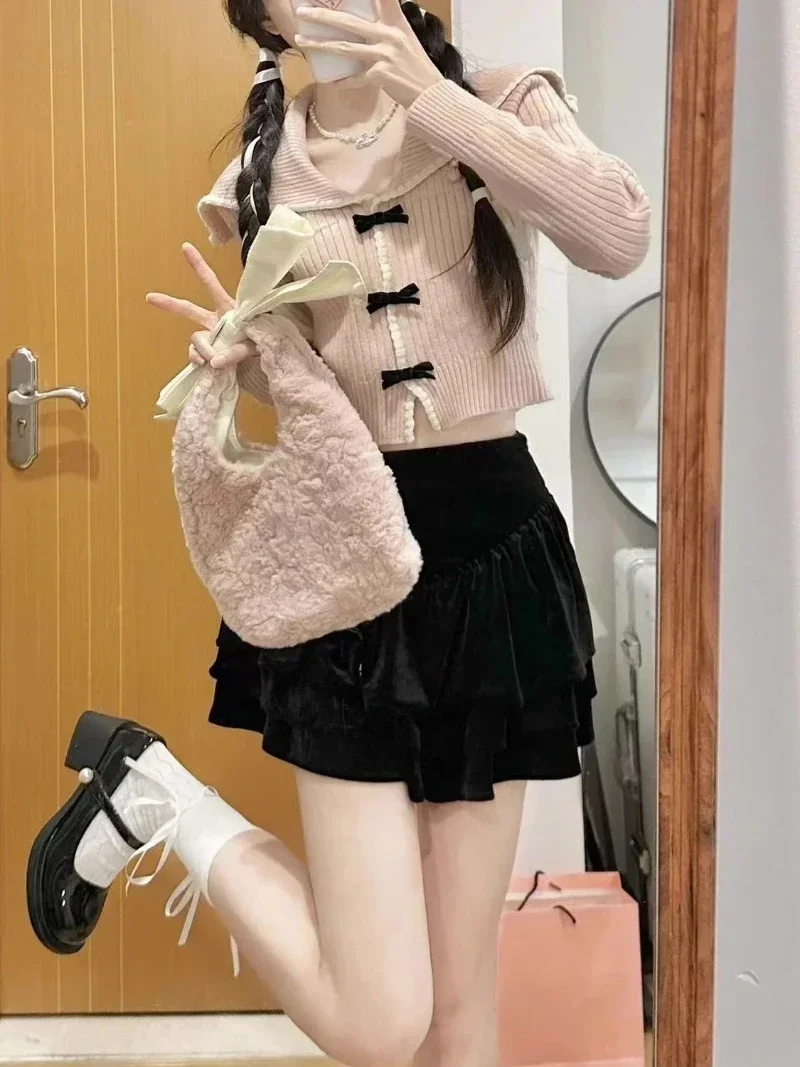 2023 Autumn Pink Sweet Cardigan Long Sleeve Y2k High Waist Knitted Coats Tops Japan Style Bow Sweaters Kawaii Slim Fit Women