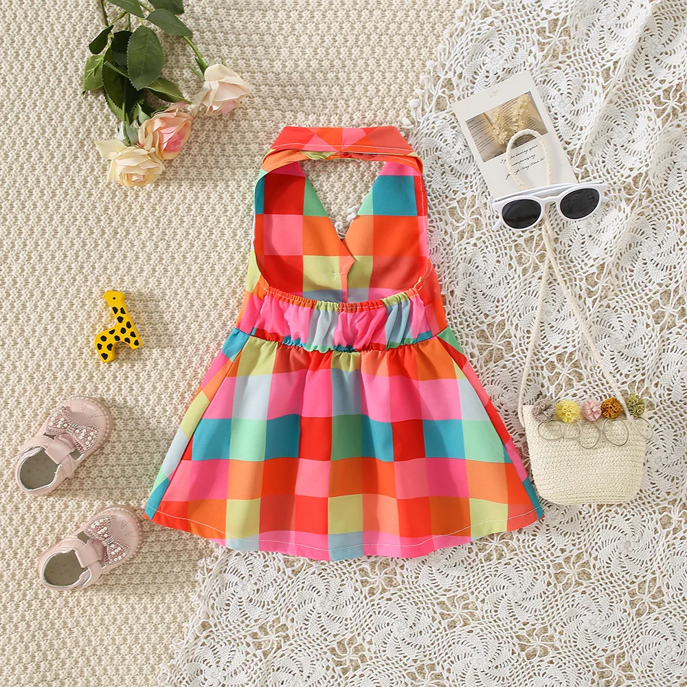 Summer New Girls\' Contrasting Plaid Printed Hollow Out Dress For Baby Girls Korean Version Suit Collar Sleeveless Skirt