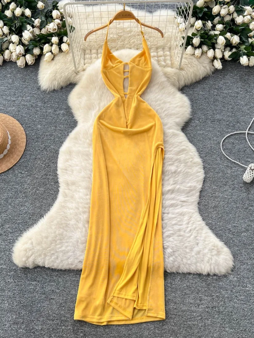 Foamlina Pure Desire Hot Girl Cutout Halter Strap Dress Women 2025 Summer European Design Bodycon High Split Slit Maxi Dress