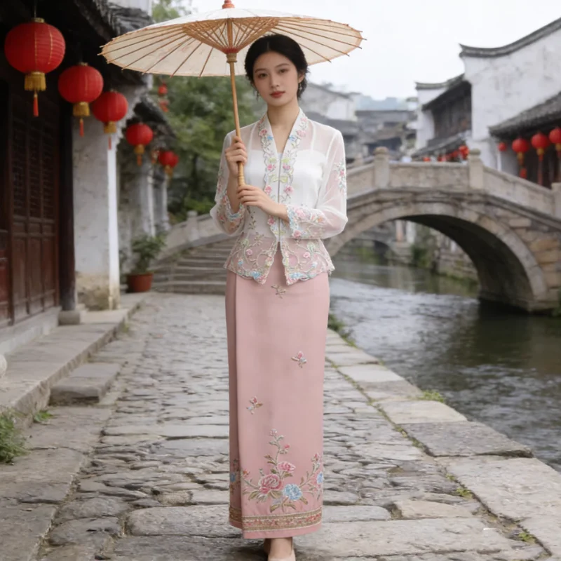 

Одежда Little Nyonya: вышитая кружевная блузка и юбка с завышенной талией для женщин