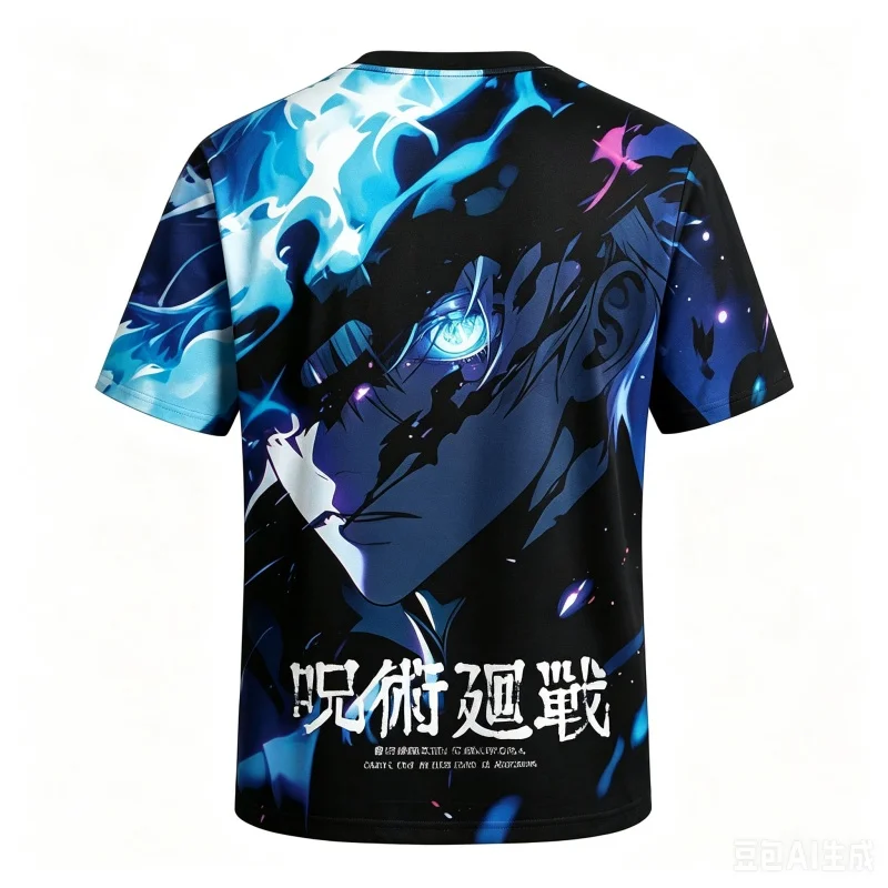 Jujutsu Battle Gojo Wu Short Sleeve Black Blue Flame Glowing Eye Full Screen Printing Anime Casual Street Style T-shirt Top