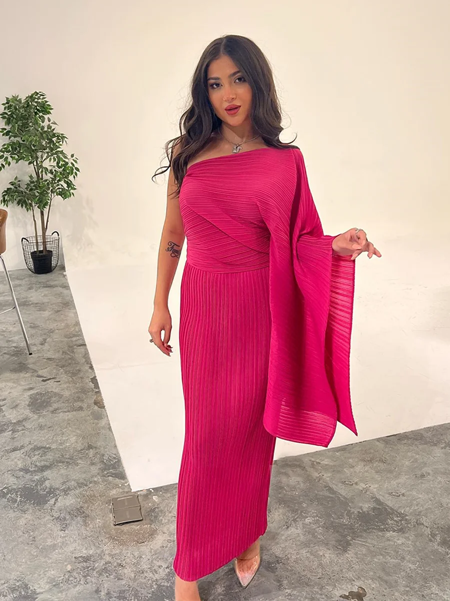 ANLAN 2024 New Pleated Women's Dress London Designer Solid One Shoulder Flying Sleeve Evening Party Dresses Prom Robe 3AK1906