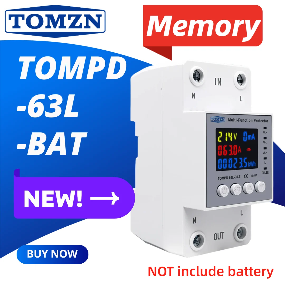 

TOMZN 63A Voltage Protector Battery Backup Memory Timer 9-in-1 Meter Prepayment Over Under Voltage Current Limit Relay Switch