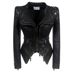 2024 New Autumn Winter Imitation Leather Jacket Women Gothic Models Shrug Rivets Clothing Slim Waist Washed Biker PU Leather Top