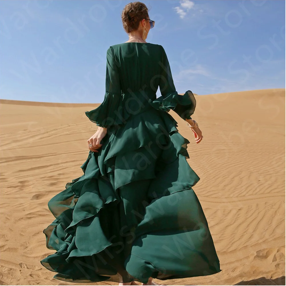 Wholesale Dark Green Evening Dresses Arabic Long Sleeve Prom Party Gowns Tiered Skirt Wedding Guest Dresses V Neckline Beaded