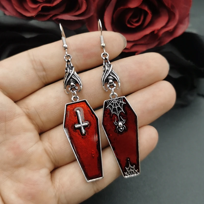 Goth Cross Vampire Coffin Earrings Spider Web Bat Earings Halloween Cosplay Gothic Accessories Indie Aesthetic Jewelry