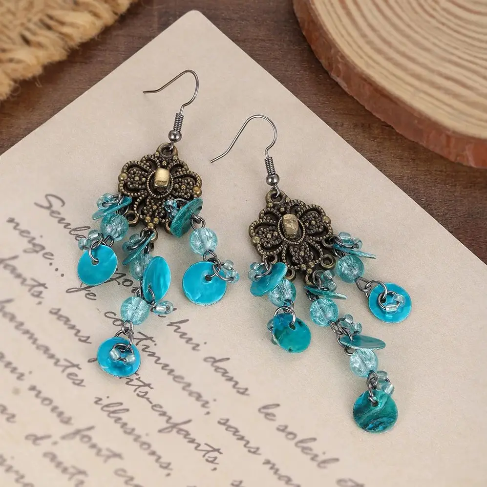 Vintage Antik-Bronze Blumen-Ohrhänger für Damen, Blaue Acrylperlen, Mehrschichtige Quasten-Ohrringe, Boho Urlaubsschmuck