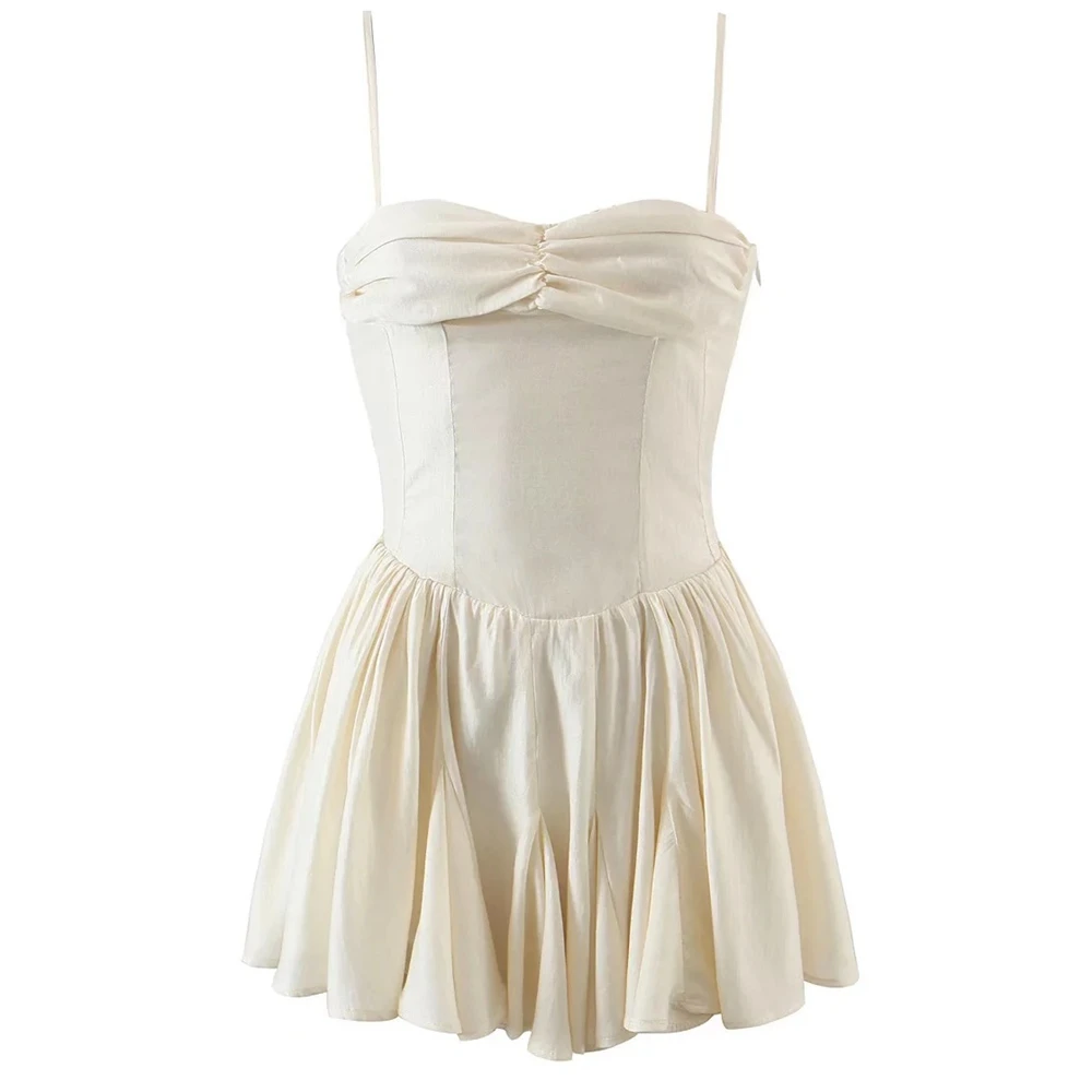 Vietnam Style Strapless Dress Women Summer Sexy Bra Dress Beige Party Skirt Vacation A-line Pleated Mini Dresses Female Clothes