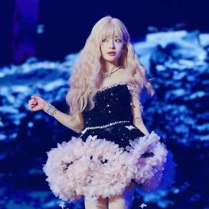 Women Group Performance Outfit Sparkling Black Sequin Pink Floral Fluffy Dress Singer DJ Bar Stage Party Prom Birthday Club Wear