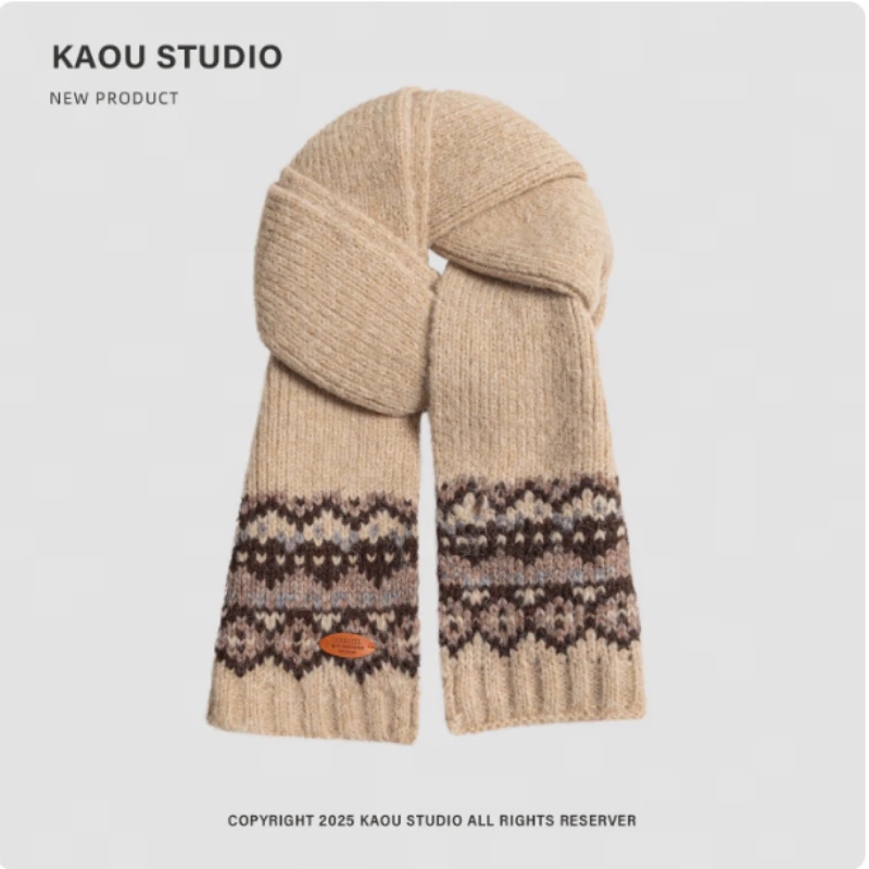 Koreańskie retro szaliki dziergane żakardowo w stylu literackim, damskie zimowe grube i ciepłe szaliki na szyję, na zewnątrz.