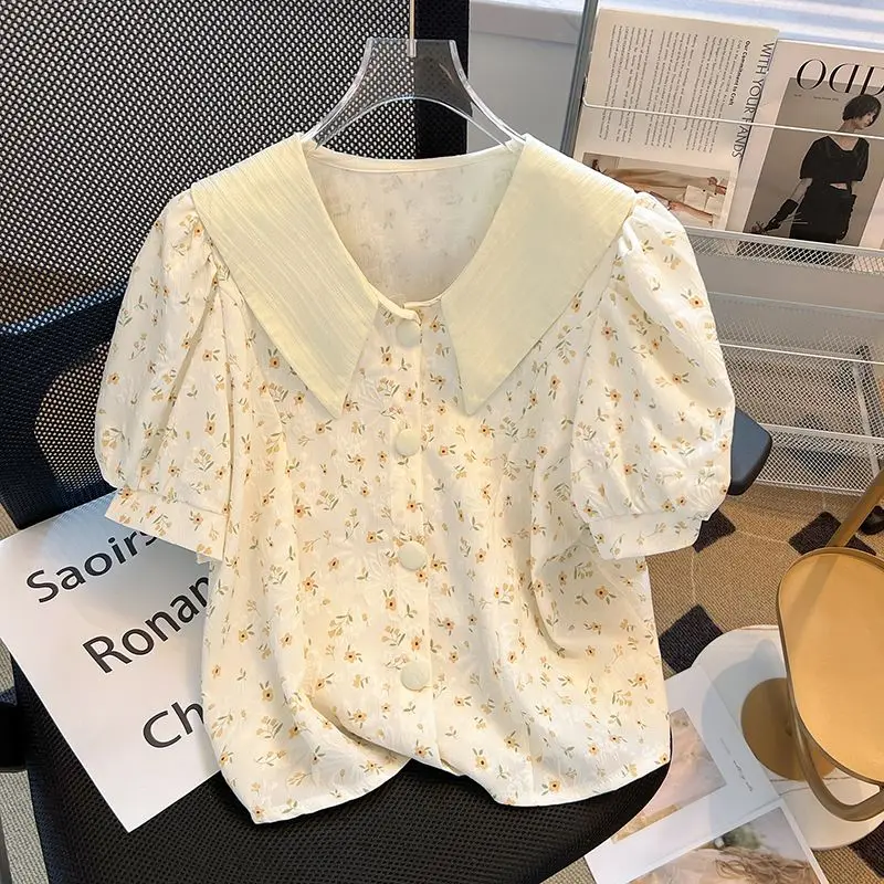 Floral Contrast Patchwork Fashion Blouse Summer New Short Sleeve Printing Button Casual Shirt Tops Korean Elegant Women Clothing