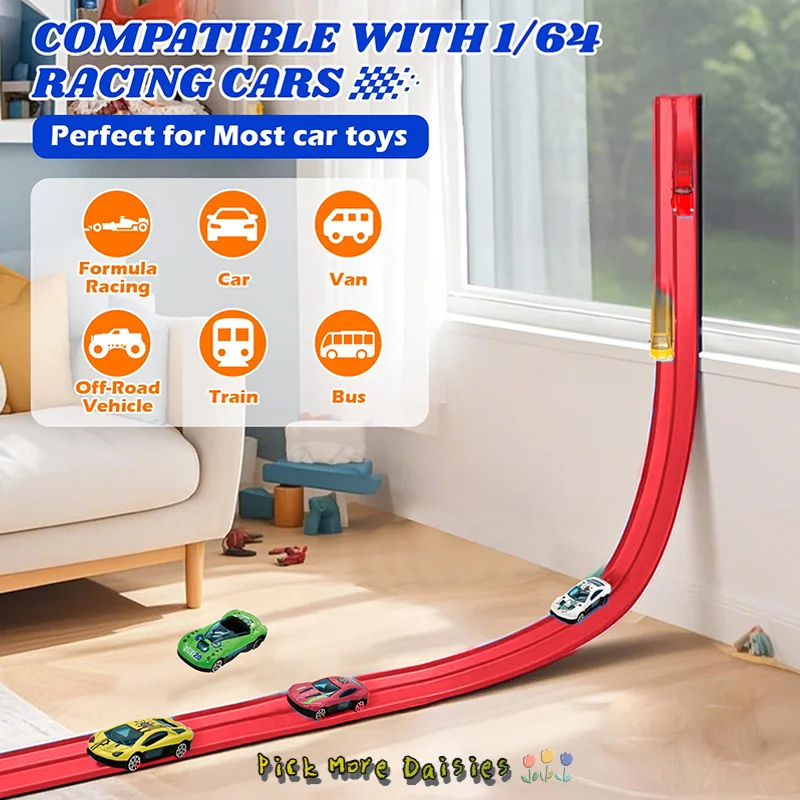 Trilha de corrida flexível de 13 pés e 16 pés para crianças, rampa de carro de corrida com ventosas e 4 carros de corrida pequenos