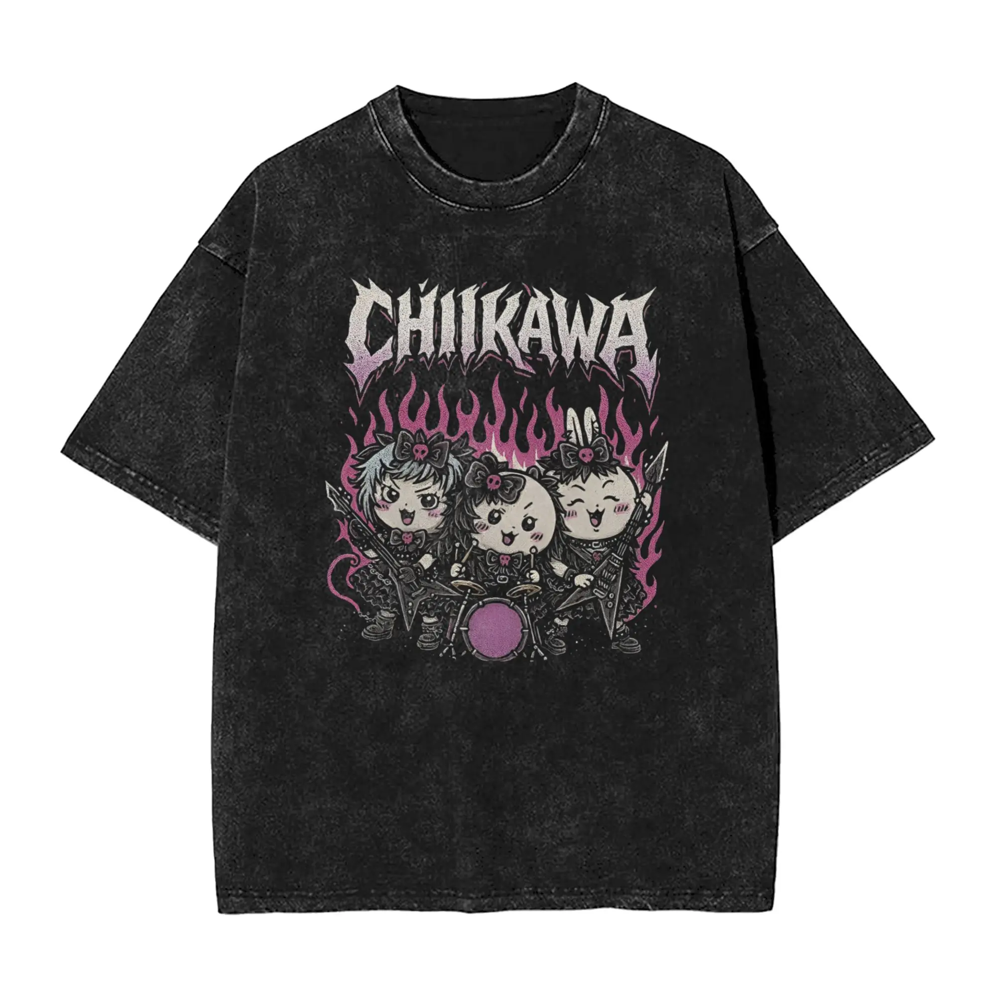 2025 Summer Heavy Metal Chiikawaes Usagi  Washed T Shirt Outfit Harajuku T-Shirt  for Men Women Tees