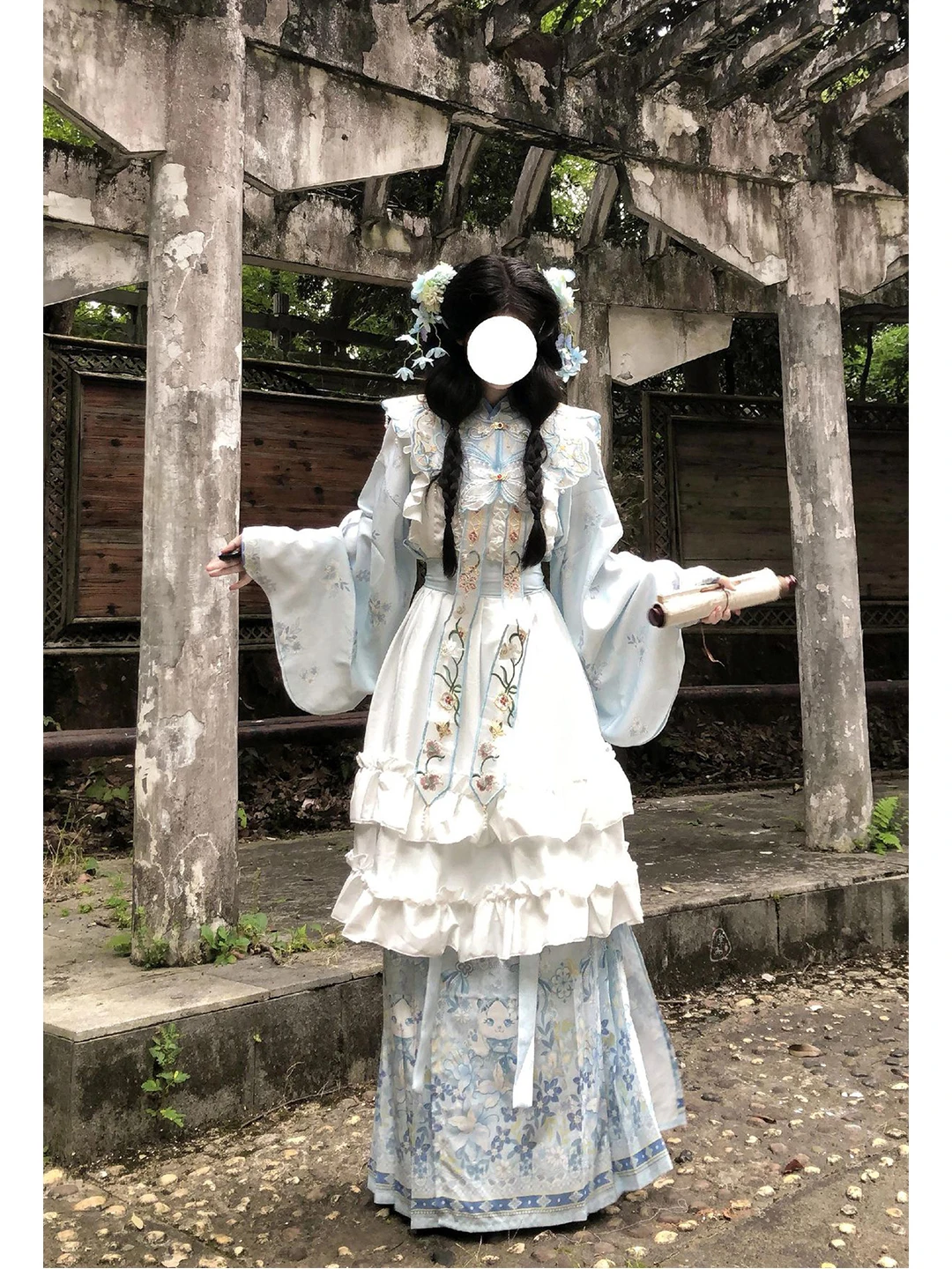 Blue Embroidered Lolita Hanfu Women's Style Sweet Cute Traditional Chinese Costume Cloud Shoulder Ma Face Skirt Daily Wear