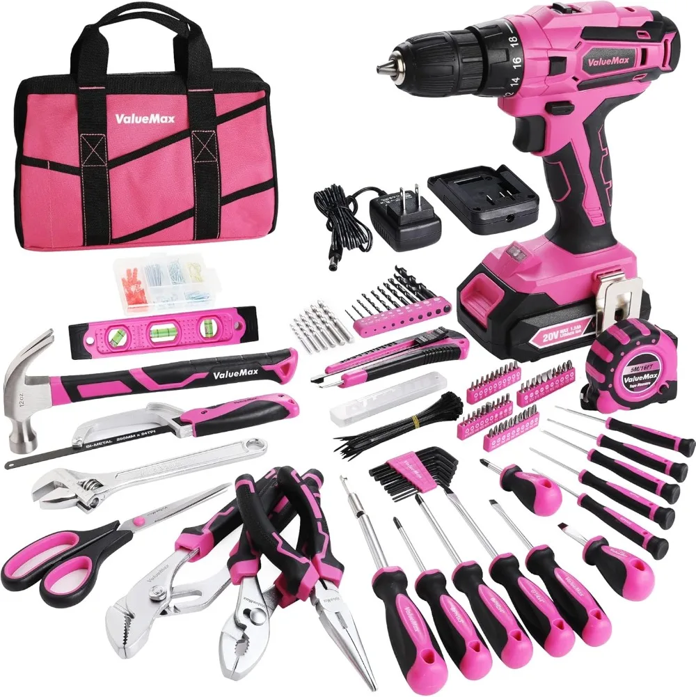 ValueMax Home Tool Kit with Drill, 238-Pieces Pink Tool Set with 20V Cordless Lithium-ion Drill, Power Tool Set with Wide Mouth