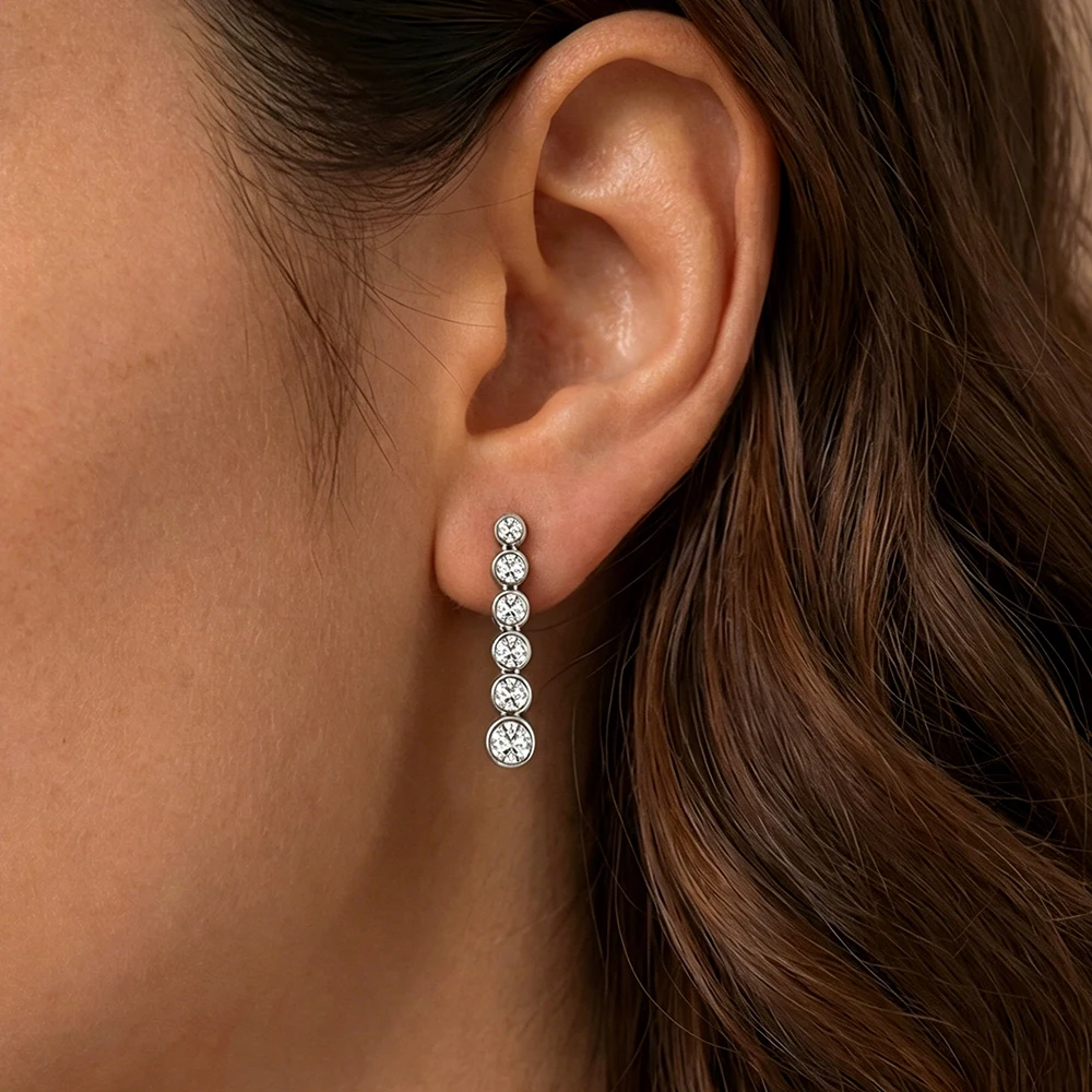 EWYA Round Bezel Set Graduated Round Cut Moissanite Stud Earrings Women S925 Silver Lab Diamond Drop Earring Ear Fine Jewelry
