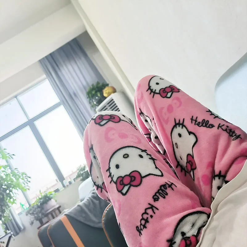 

New Hello Kitty Pajama Pants Sanrio Anime Fleece Double Elastic Fabric Soft Trousers Women Trousers Kawaii Cartoon Birthday Gift