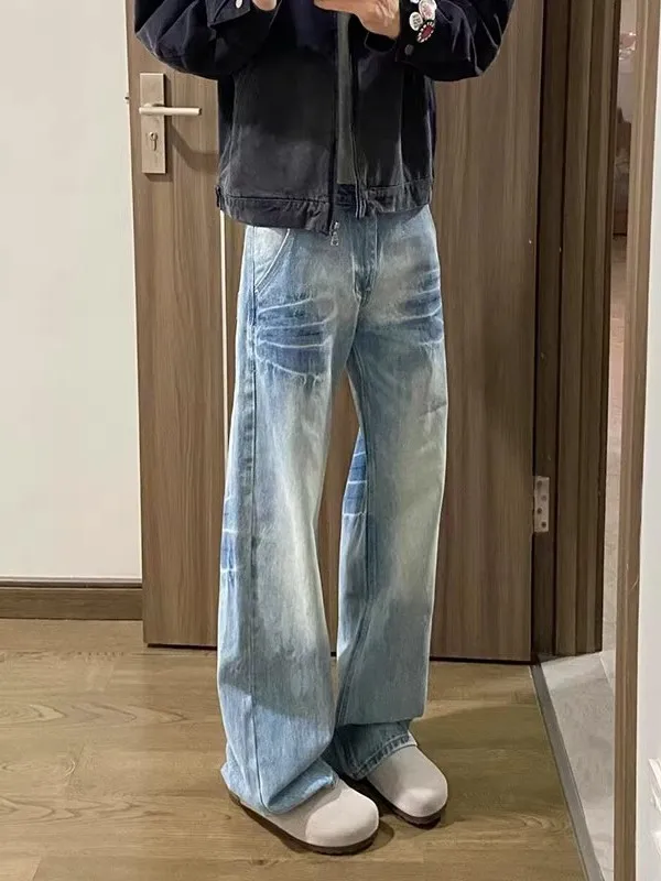 

Мужские джинсы прямого кроя с эффектом потертости, в американском уличном стиле, CleanFit, расклешенные, длинные брюки, весна-осень, повседневная одежда