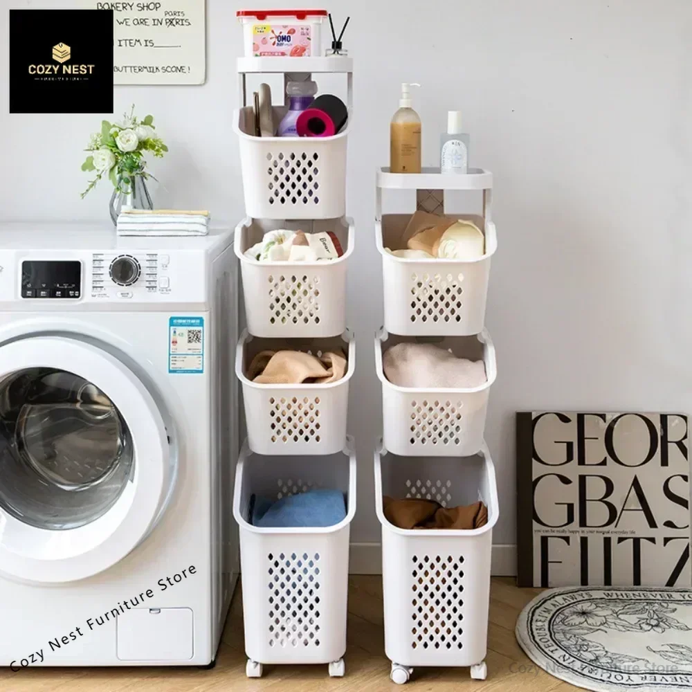 Laundry Storage Rack Basket Multilayer Dirty Clothes Storage Basket With Wheel Large Capacity Household Bathroom Shelf Organizer