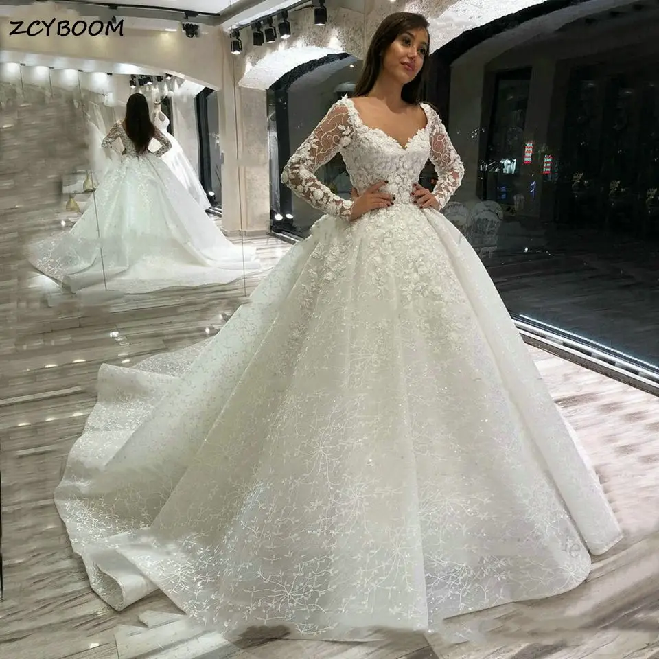 

Luxury Illusion Long Sleeves Wedding Dresses 2023 Elegant Princess Lace Appliques Beaded Ball Gown Bridal Gowns Vestido De Noiva