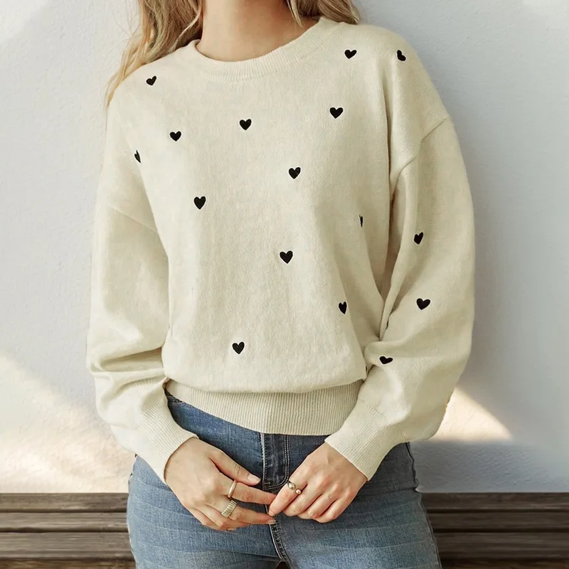 

Chic Autumn Sweaters Female Long Sleeve Fashion Jumpers Simple Style Knitted Cute Love Crew Neck Sweater Women Y2K